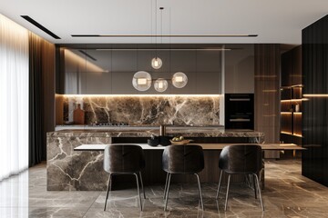 A kitchen featuring a stylish marble counter top and chairs. This image can be used to showcase modern kitchen designs and interior decor ideas
