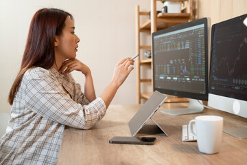 Side view businesswoman analyzing stock market investment with digital tablet.