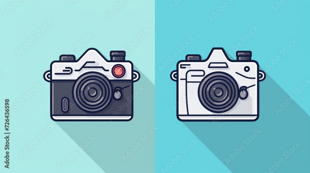 Poster A camera with a lens on the front and a picture of a camera with a lens on the back. Ideal for photography enthusiasts and professionals.