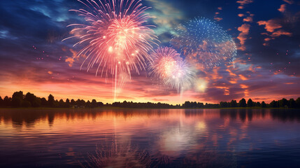 Fireworks over the lake in the evening sky, beautiful sky and fireworks background wallpaper, celebration concept