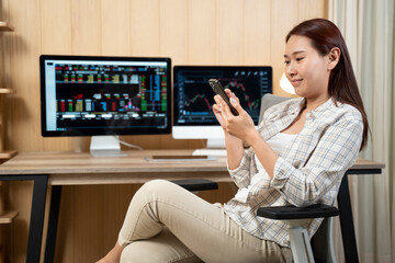 Woman is checking Bitcoin price chart on digital exchange on smartphone, cryptocurrency future price action prediction.