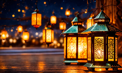 month of ramadan lamp glows islam. Selective focus.