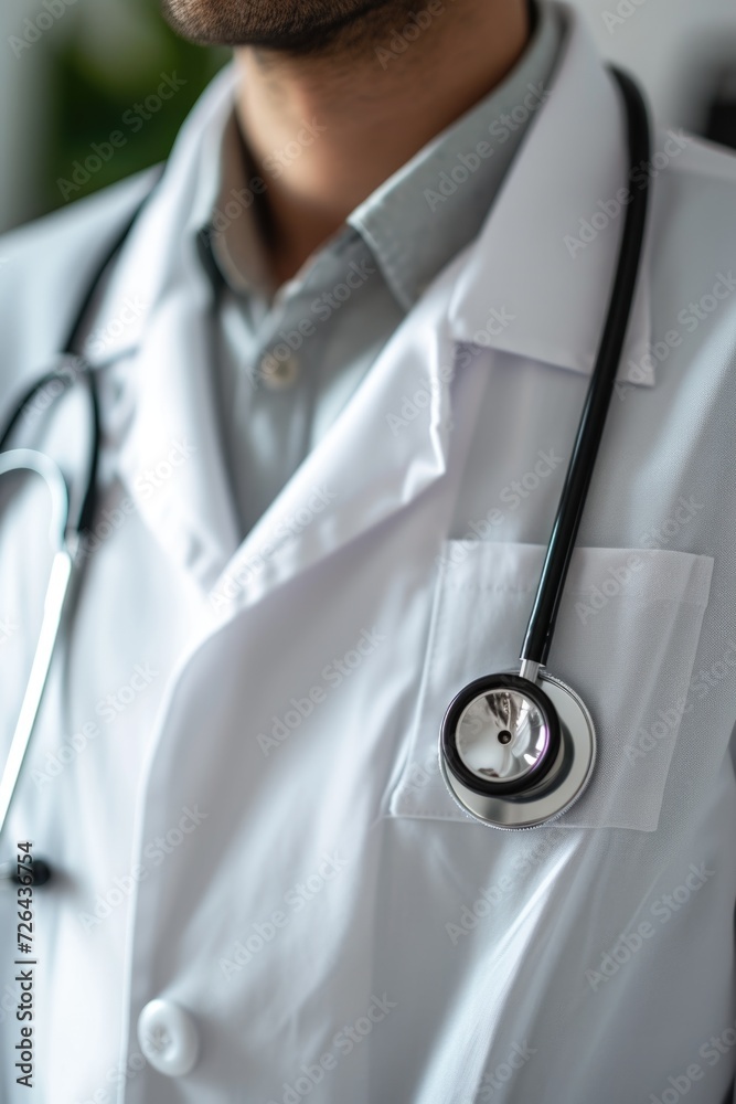 Poster a close-up view of a person wearing a lab coat and a stethoscope. this image can be used to represen