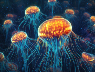 Glowing Jellyfishes Swimming in Deep Blue Sea - Generative AI