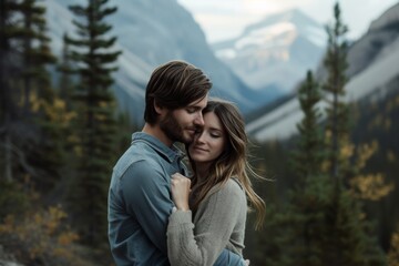 Fototapeta premium A smiling couple stands in the wintry mountains, their faces radiating joy as they embrace amidst the towering trees and vast open sky, their outdoor clothing blending seamlessly with the beauty of n