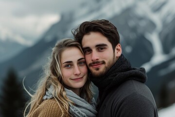 A couple embraces the beauty of nature in the snowy mountains, their love shining through their smiles as they pose for a picture against the clear winter sky, bundled up in warm clothing and scarves