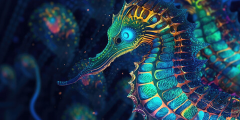 Fototapeta na wymiar Seahorse in a Neon Shades in a Colorful Underwater World - Generative AI