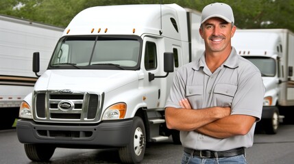 Professional truck driver standing near his vehicle with blurred background, copy space available