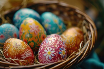 Fototapeta na wymiar Colorful painted Easter eggs arranged neatly in a basket. Perfect for Easter decorations and festive celebrations