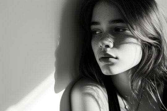 A somber art model with long hair leans against an indoor wall, her expressive face captured in monochrome as her sad eyes and delicate features are highlighted by the photo shoot's lighting