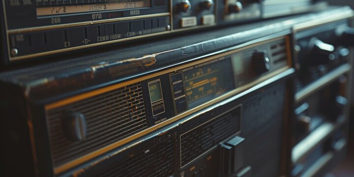 A close-up view of a radio sitting on a table. This image can be used to depict technology, music, or vintage themes