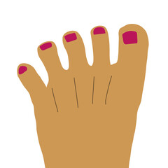 Female foot with pedicure. Nail polish, pedicure spa. Nail and skin care. Cartoon isolated illustration.