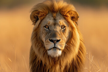 A majestic masai lion stands tall in the african savannah, gazing confidently into the camera with...