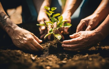 hands from a close-knit community come together to plant a young sapling, symbolizing collective growth, environmental stewardship, and the nurturing bond between people and nature.Generated image