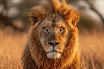 Obraz premium A majestic masai lion stands tall in the brown grass of the savannah, its powerful snout and luxurious fur blending into the wild landscape of its outdoor habitat