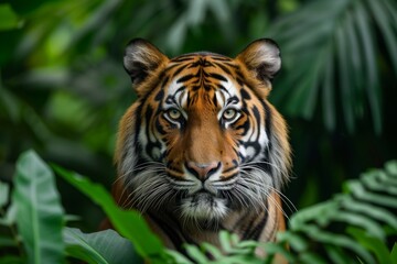 Obraz premium A majestic bengal tiger prowls through the lush jungle, its powerful presence blending seamlessly with the wild foliage and towering trees