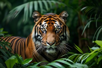 Fototapeta premium Amidst the lush green foliage of the jungle, a majestic bengal tiger prowls gracefully, showcasing the raw power and untamed beauty of this magnificent terrestrial animal