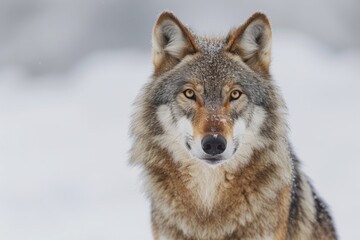 Obraz premium A fierce red wolf stands tall in the winter snow, embodying the wild spirit of this majestic canis species in its natural habitat