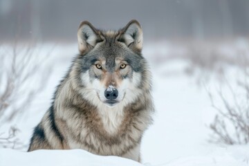 Obraz premium A majestic wolfdog, resembling a mix of a coyote and a red wolf, stands stoically in the freezing winter snow, surrounded by the peaceful outdoor landscape of the arctic, showcasing the beauty and re