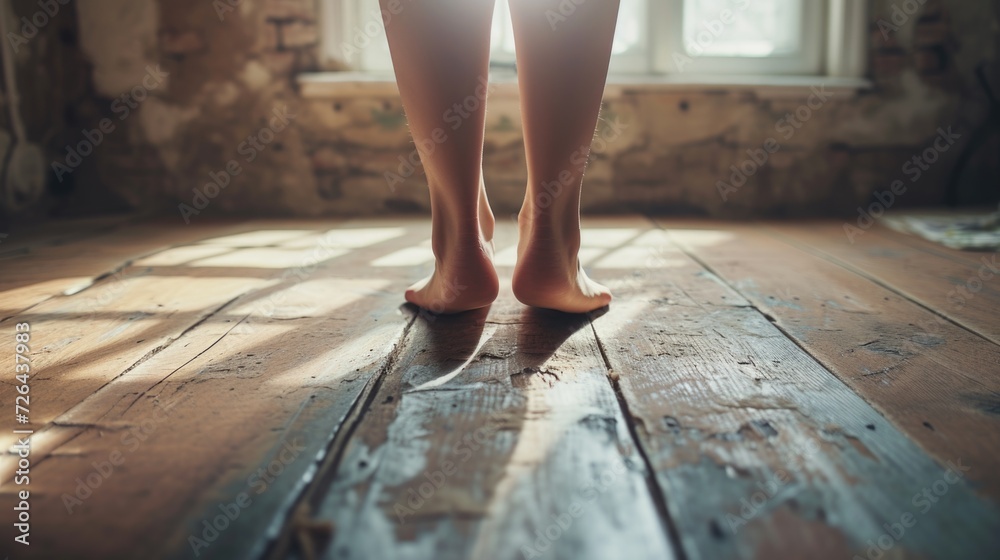 Poster A person standing on a wooden floor in front of a window. Suitable for various concepts and themes