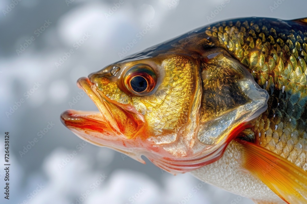 Sticker A detailed close-up view of a fish with its mouth wide open. This image can be used to depict aquatic life, marine biology, or fish anatomy. Ideal for educational or scientific publications