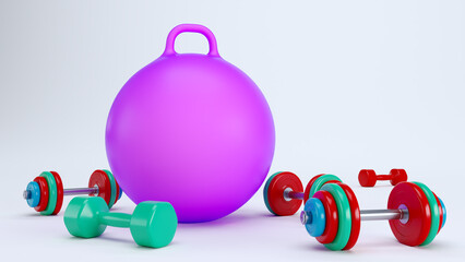 colored fitness ball with realistic colored dumbbells isolated on white background.