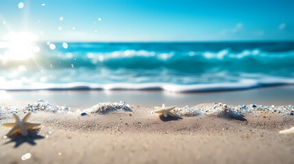 Fototapeta na wymiar Sandy beach with light blue transparent water waves and sunlight, tranquil aerial beach scene