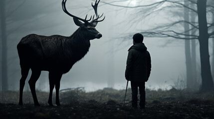 A lone Young Man stands face to face with a Grand Stag in a misty, atmospheric woodland, highlighting the silent dialogue between man and nature