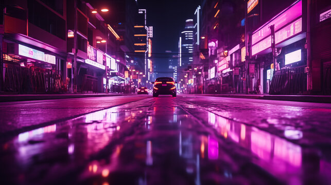 Vibrant Neon-Lit City Street Captured From Ground Level, With A Lone Car Driving Into The Night, Reflecting On The Wet Pavement