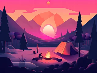 Tuinposter Sunset Campfire in the Wilderness - Generative AI © Zeynep