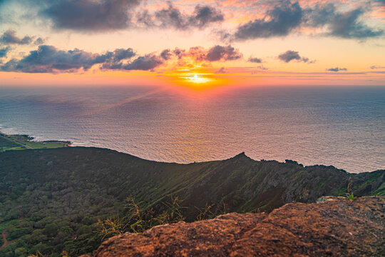 burning sunrise from the koko crater in honolulu in oahu on hawaii