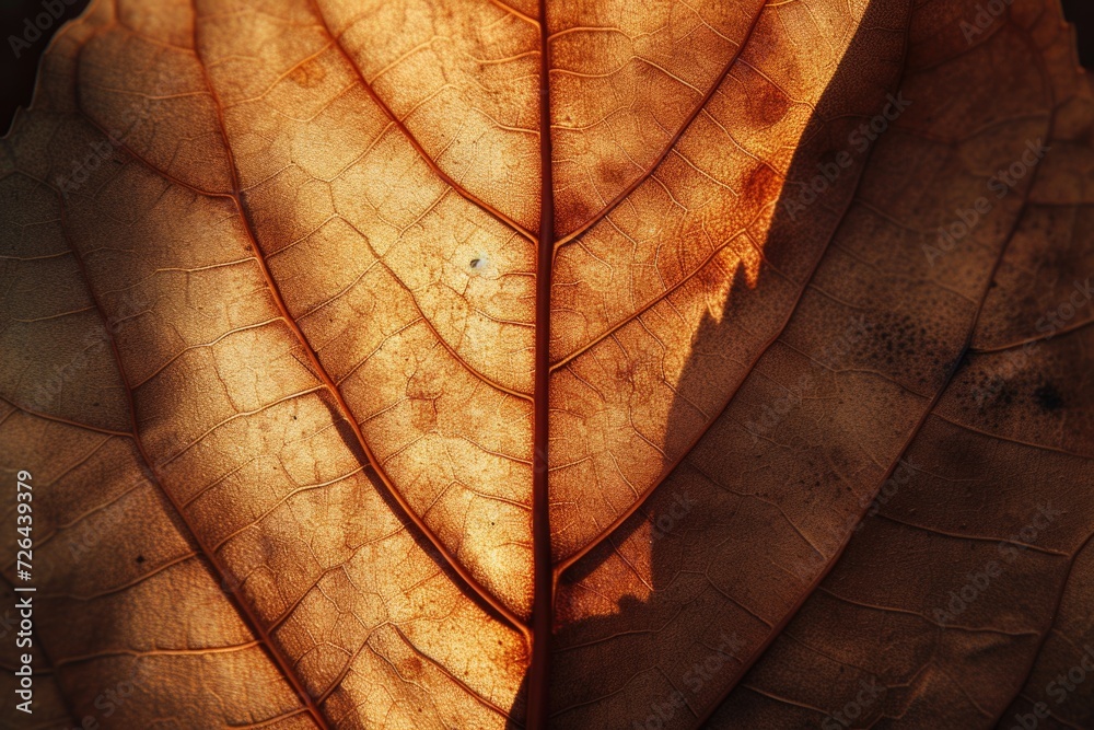 Poster A close-up view of a single leaf with a gentle beam of light shining on it. Perfect for nature enthusiasts or those in need of a serene and peaceful image