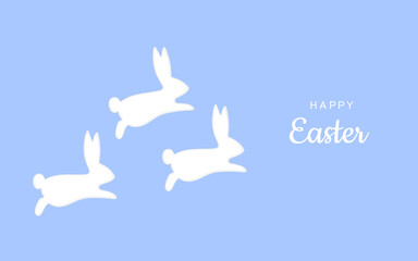 Easter background. White Easter bunny and Happy Easter text on a blue background. Greeting card invitation. Vector flat illustration. Bright background and flyer with place for text.