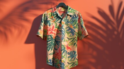 Fototapeta premium A shirt hanging on a hanger against a wall. Suitable for fashion, clothing, and laundry concepts