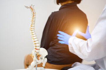 An orthopedic surgeon or therapist is showing a spinal model and explaining to a female patient her...