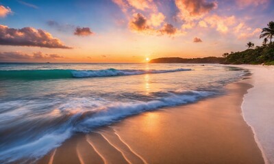 Obraz premium Beautiful tropical sunset scenery White sand, sea view with horizon, colorful twilight sky, calmness and relaxation.