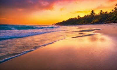 Fototapeta na wymiar Beautiful tropical sunset scenery White sand, sea view with horizon, colorful twilight sky, calmness and relaxation.
