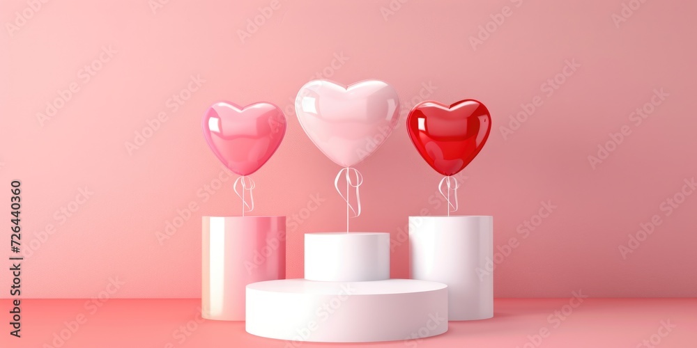 Poster a group of three heart-shaped balloons displayed on a pedestal. perfect for adding a touch of love a