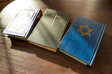Quran, Bible, Talmud or Torah, religion concept