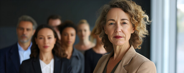 Fototapeta premium Smiling business woman leader standing in office at team meeting, business woman standing in office with work colleagues. Confident woman in formal wear stands at her workplace..
