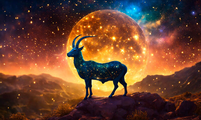 zodiac sign Capricorn against the background of the starry sky. Selective focus. - obrazy, fototapety, plakaty