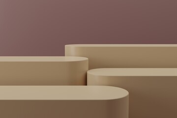 3D Rendering _ cylindrical long Podiums set in Beige color, Beige Themed lighting and background