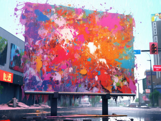 Color Explosion on Urban Street Billboard - Generative AI