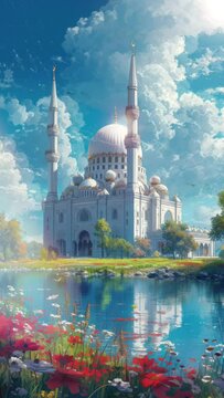 Beautiful mosque building with clear sky and grassland. Cartoon or anime watercolor digital painting illustration style. Seamless looping vertical video animation background. Generative AI
