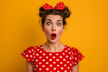 Polka Dot Surprise. Startled woman in red polka dot outfit on yellow.