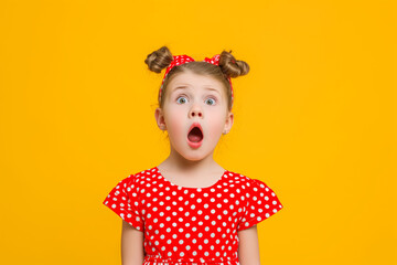 Surprised Youngster in Red. A young girl with a shocked expression, wearing a red polka-dot dress against a yellow backdrop.