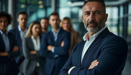 Smiling business man leader standing in office at team meeting, business woman standing in office with work colleagues. Confident man in formal wear stands at her workplace