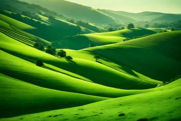 Schilderijen op glas A serene countryside landscape with gradient hues of green in the rolling hills. © WOW