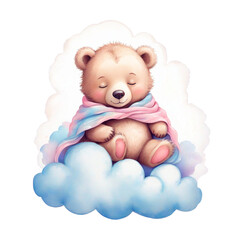 cute teddy bear on a clounds pastel colors with a blanket reading a book 