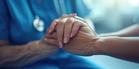 A caring nurse holding the hand of a patient. Can be used to depict compassion, support, and the bond between caregiver and patient